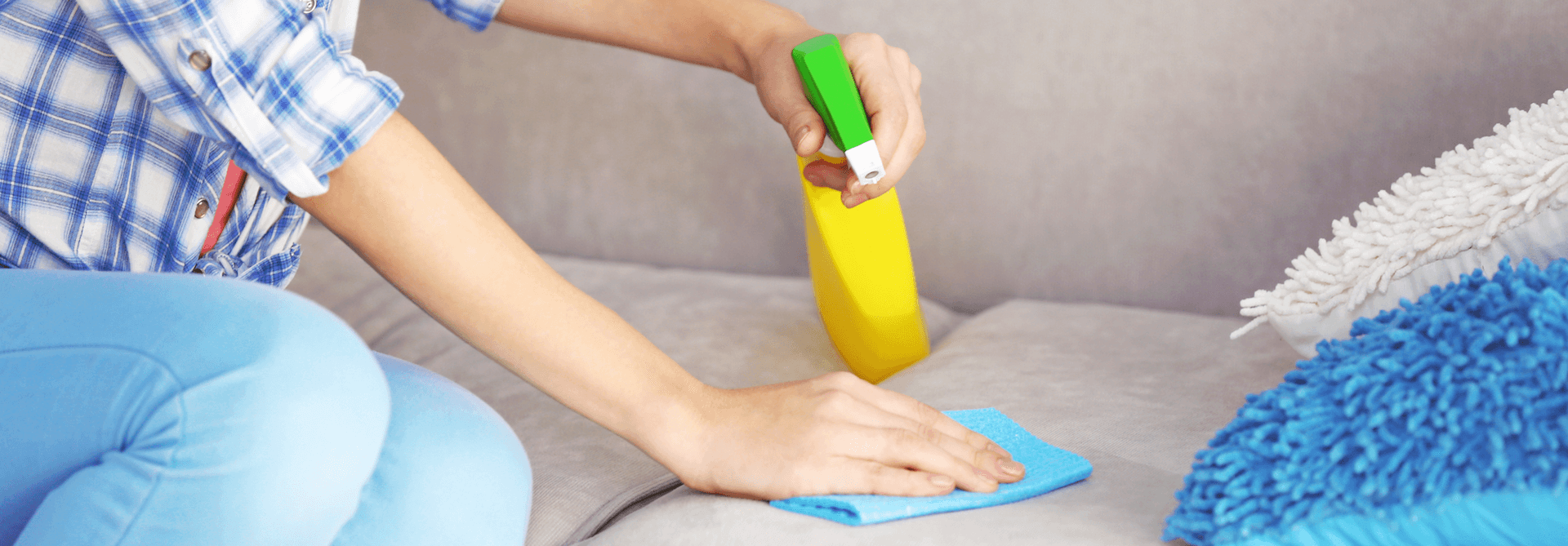 Woman cleaning cat pee of the couch